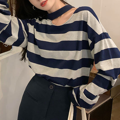 Damen Langarmshirt Streifenmuster V-Ausschnitt