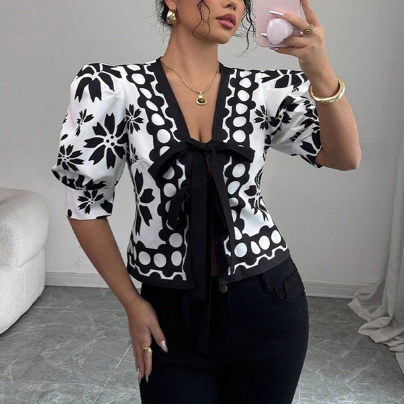 Damen Bluse Floralmuster Schleifenbindung