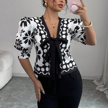 Damen Bluse Floralmuster Schleifenbindung