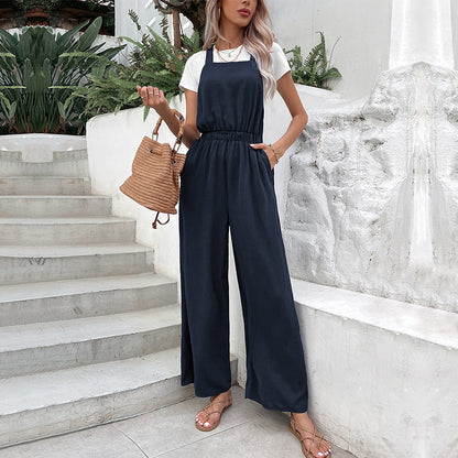 Damen Jumpsuit Weit Schnitt Elastischer Bund Schwarz Eveloria - Eveloria