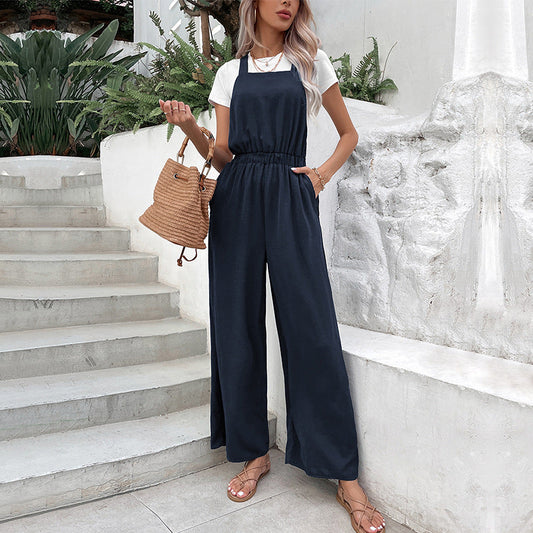 Damen Jumpsuit Weit Schnitt Elastischer Bund Schwarz Eveloria - Eveloria