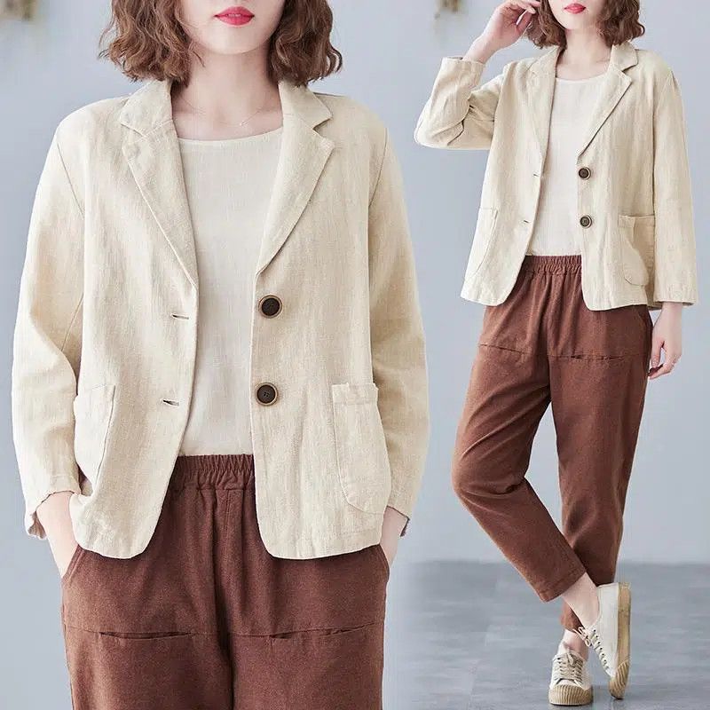 Damen Leinenblazer Lässig Kontrastknöpfe Beige - Eveloria