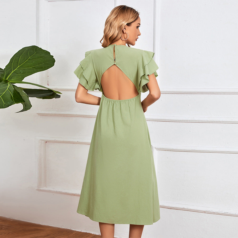 Damen Midikleid Rüschendetails Knopfleiste Eveloria