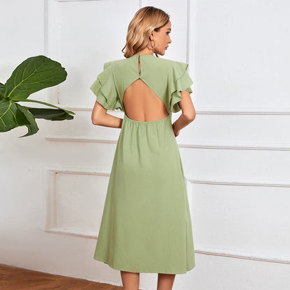 Damen Midikleid Rüschendetails Knopfleiste Eveloria