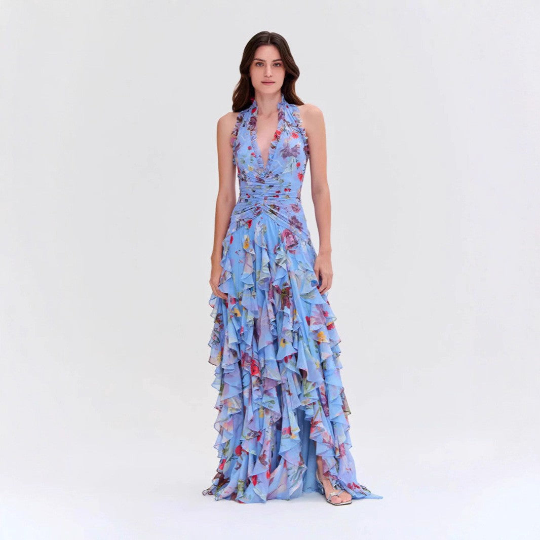 Damen Maxikleid Voluminöse Rüschen Florales Design - Eveloria