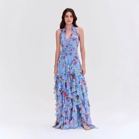 Damen Maxikleid Voluminöse Rüschen Florales Design - Eveloria