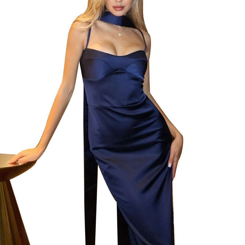 Damen Satin Maxikleid Mit Tiefem Schlitz Spaghetti Träger Eveloria