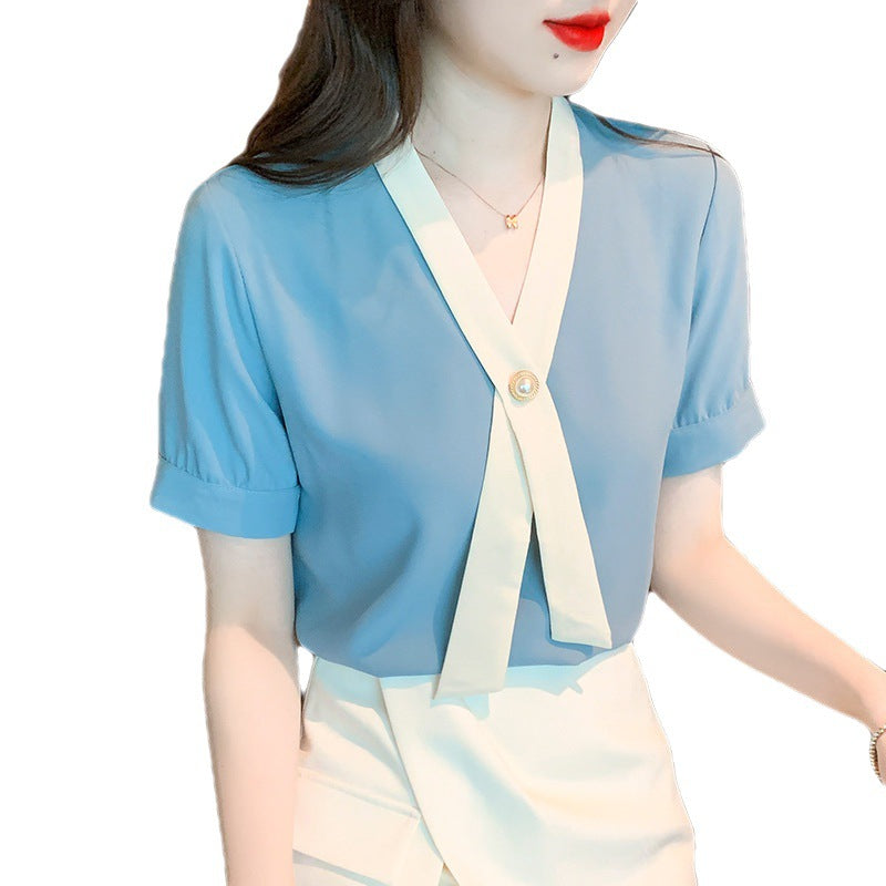 Damen Bluse Elegantes Knopfdesign Wellenkragen Weiss