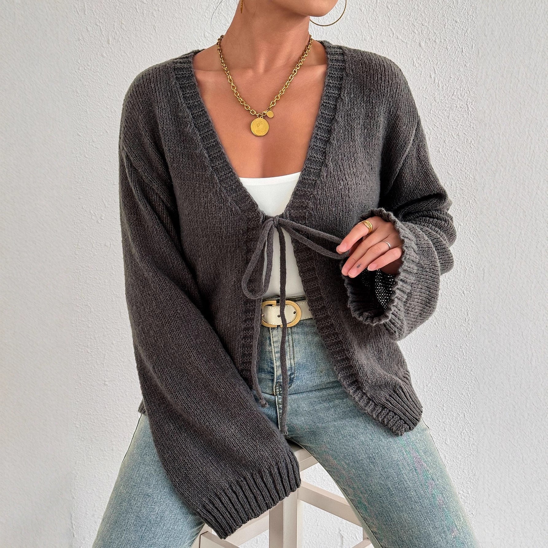 Damen Strickjacke mit Gürtel Eveloria - Eveloria