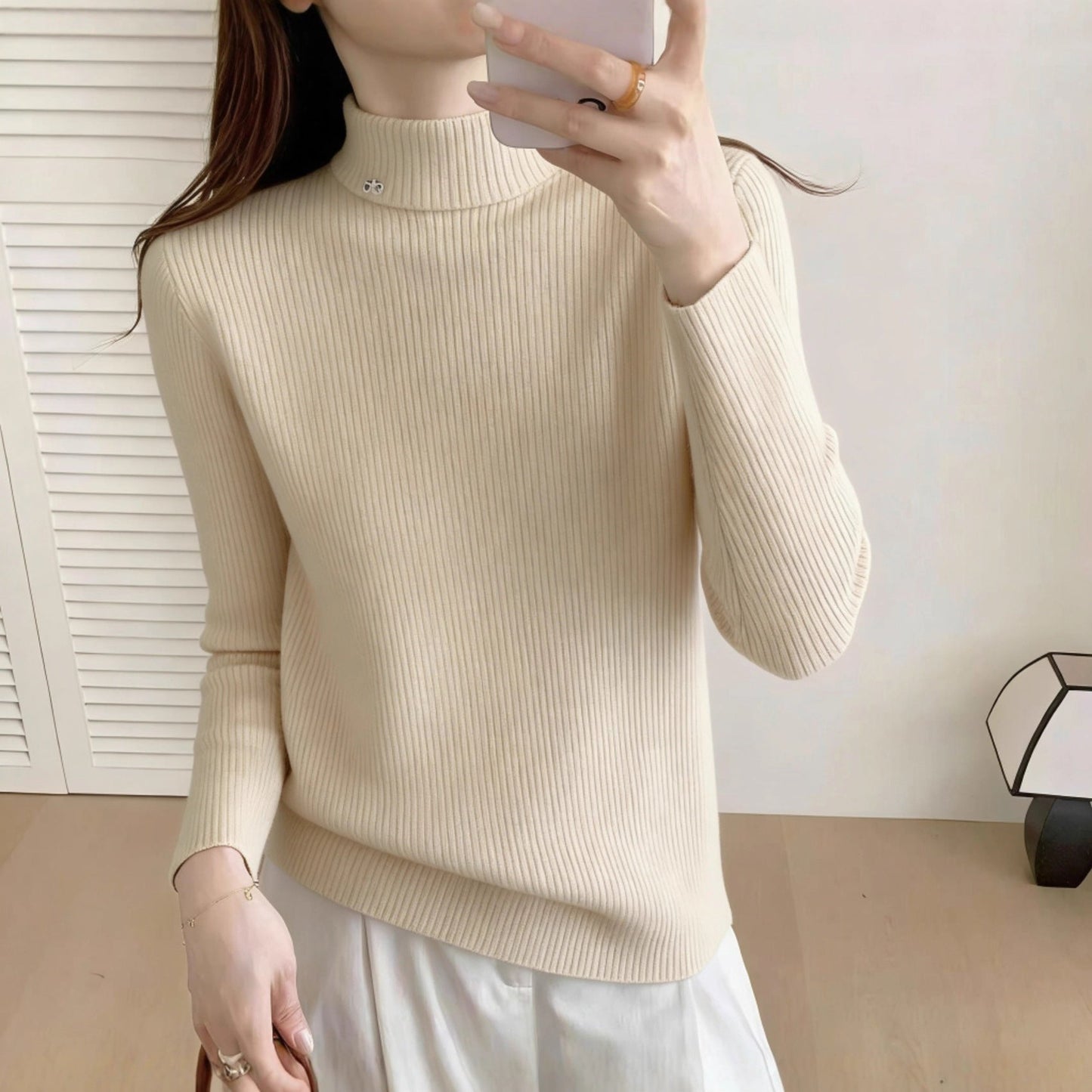 Damen Rippenpullover Stehkragen Eveloria