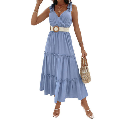 Damen Maxikleid V-Ausschnitt Volant Elegant
