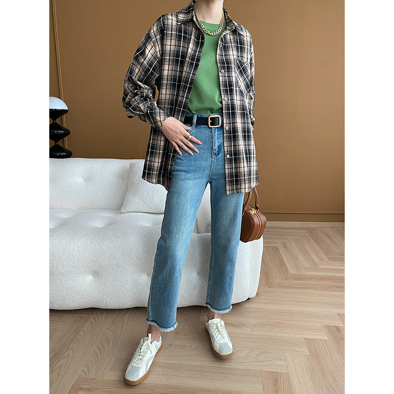 Damen High-Waist Jeans Fransige Säume Eveloria