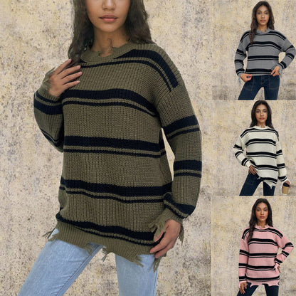 Damen Oversized Strickpullover Streifenmuster Fransen - Eveloria