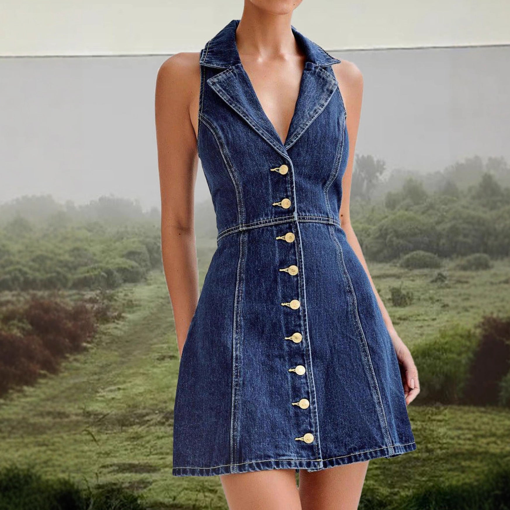 Damen Jeanskleid Mit Kragen Und Knöpfen Blau - Eveloria