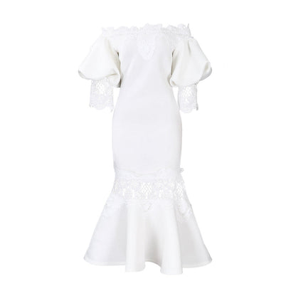 Eveloria Damen Spitzenkleid Meerjungfrauenschnitt Voluminöse Ärmel