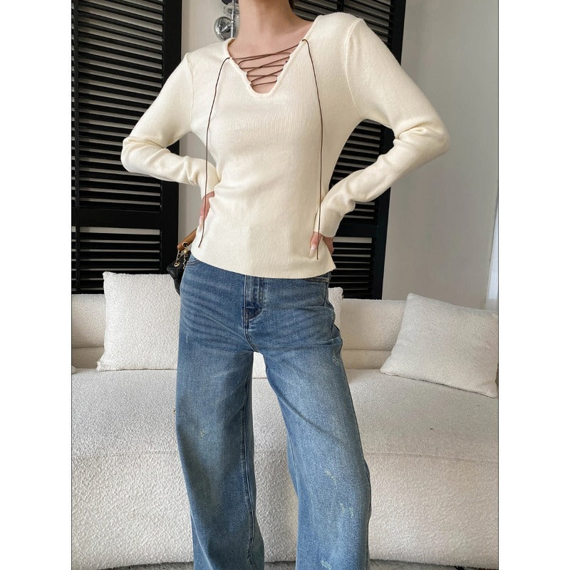 Damen Langarmshirt Schnürdesign Eveloria - Eveloria