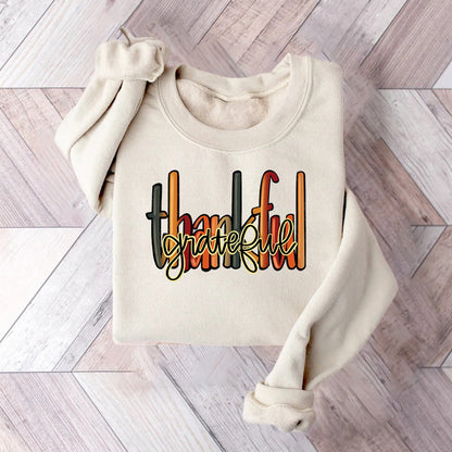 Damen Sweatshirt Thankful Schriftzug Bequem Grau - Eveloria
