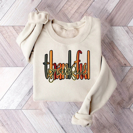 Damen Sweatshirt Thankful Schriftzug Bequem Grau - Eveloria