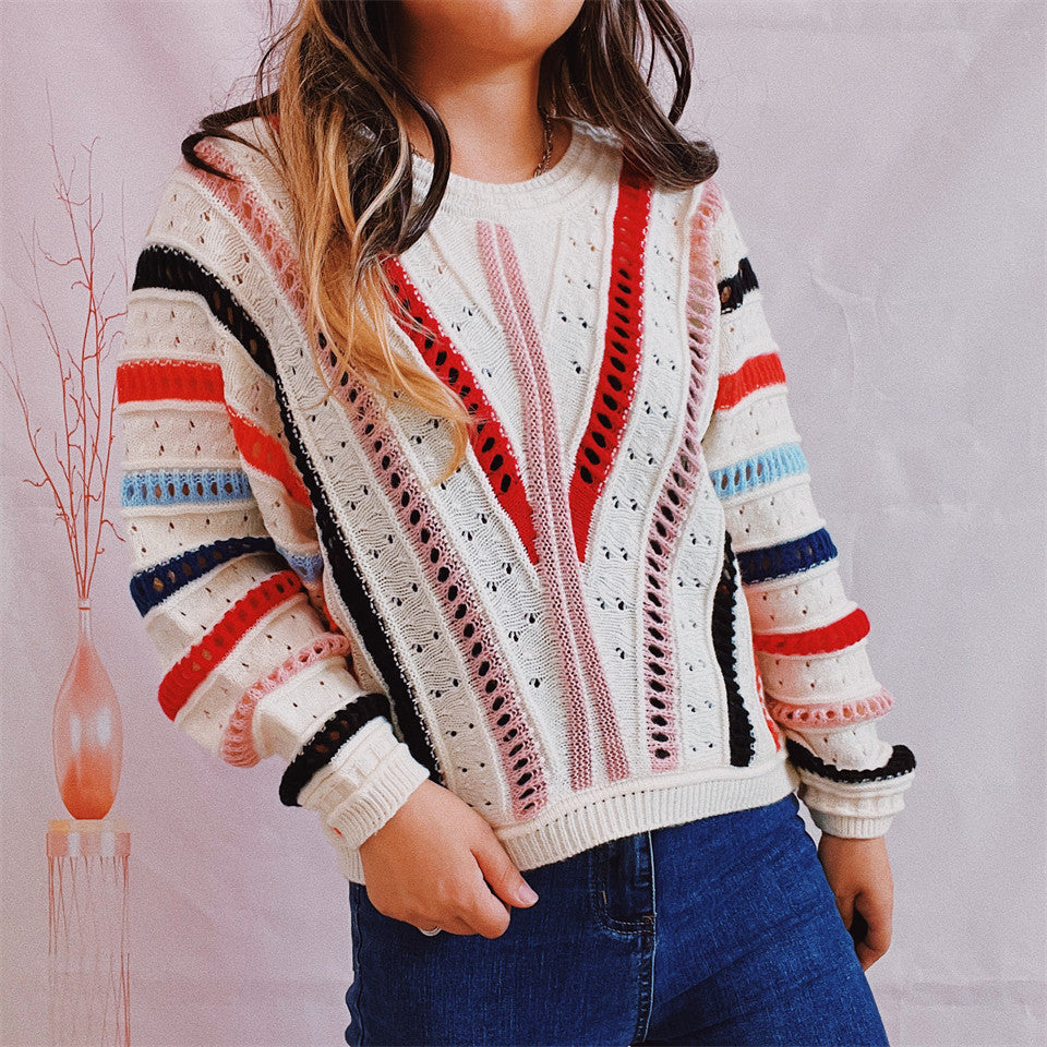 Damen Pullover V-Ausschnitt Strickdesign Bunt