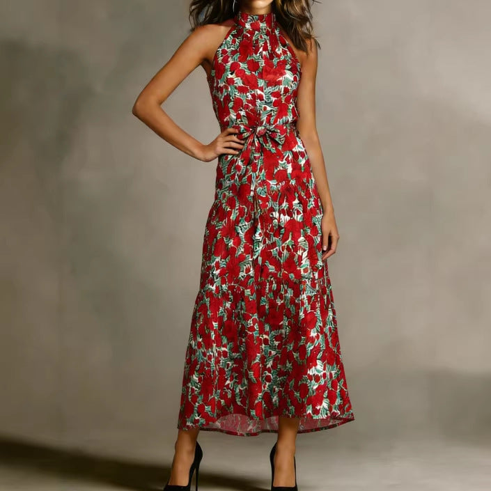 Damen Maxikleid Floralmuster Schmal Taillengürtel Eveloria