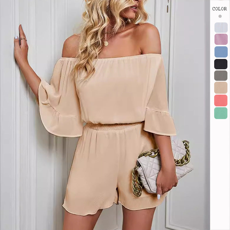 Damen Off-Shoulder Jumpsuit Elastisch Voluminöse Ärmel - Eveloria
