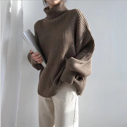 Damen Grobstrickpullover Hoher Kragen Voluminöse Ärmel