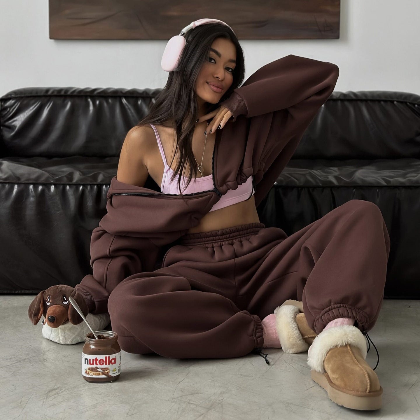 Damen Fleece Hoodie Jogging Set Weich Grau - Eveloria