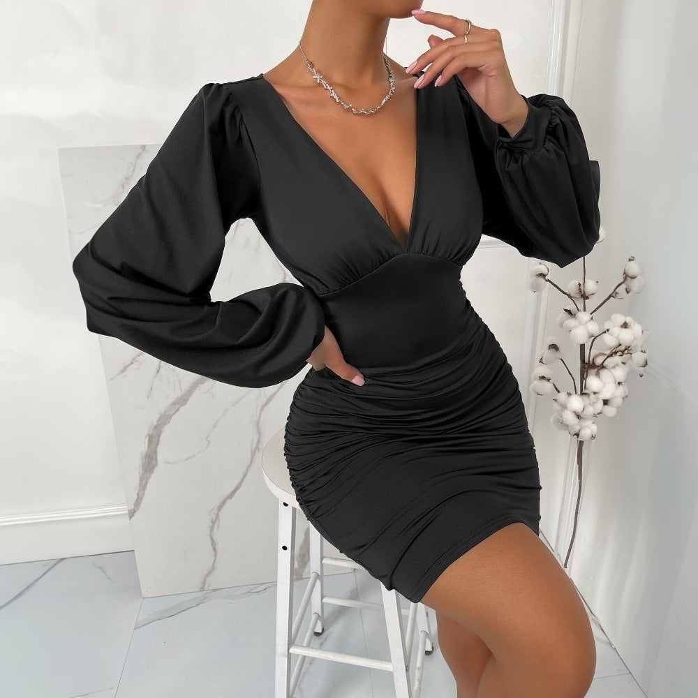 Damen Minikleid V-Ausschnitt Voluminöse Ärmel Eveloria