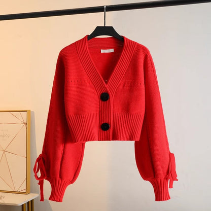 Damen Cropped Cardigan mit Knöpfen und Rippstruktur