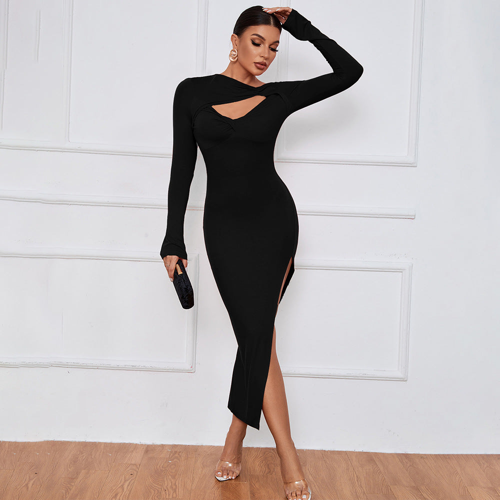 Damen Langarm-Kleid mit Cut-Out und hohem Schlitz Eveloria