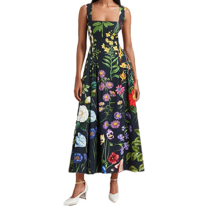 Damen Maxikleid Quadratischer Ausschnitt Floralmuster