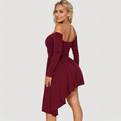 Damen Off-Shoulder Midi-Kleid Asymmetrisch Langärmlig Eveloria