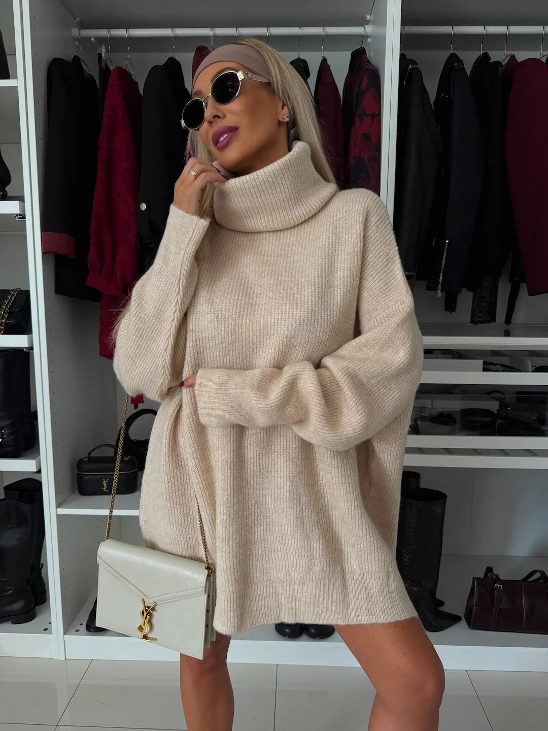Damen Rollkragenpullover Weiches Strickmaterial Beige