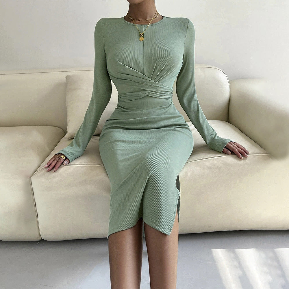 Damen Wickelkleid Längsärmelig Elegant Raffung Effekt