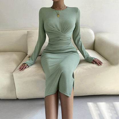 Damen Wickelkleid Längsärmelig Elegant Raffung Effekt