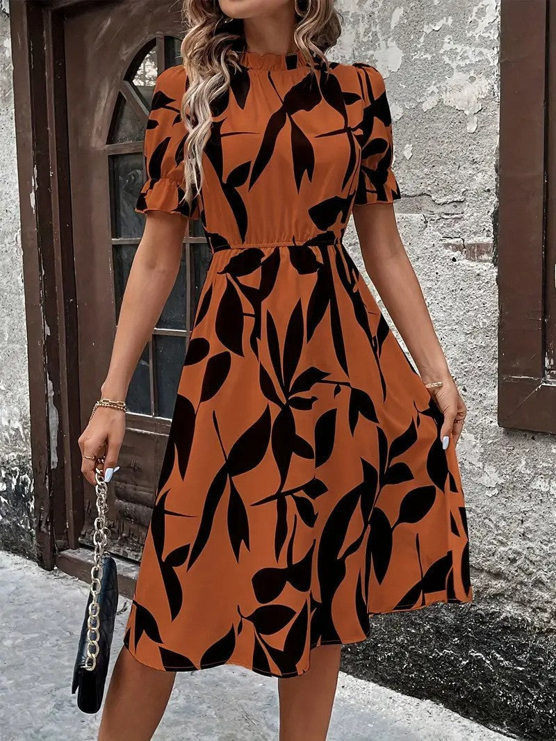 Damen Midi-Kleid Pflanzenmuster Gummizug Eveloria