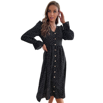Damen Midi-Kleid Knöpfe Volantärmel Eveloria