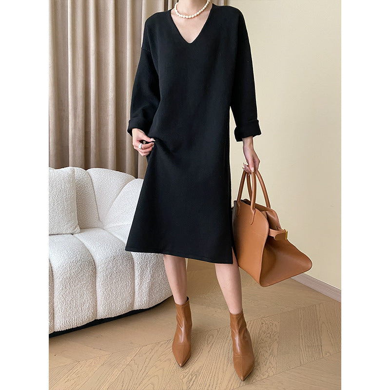 Damen Strickkleid V-Ausschnitt Ärmelaufschläge Elegant - Eveloria