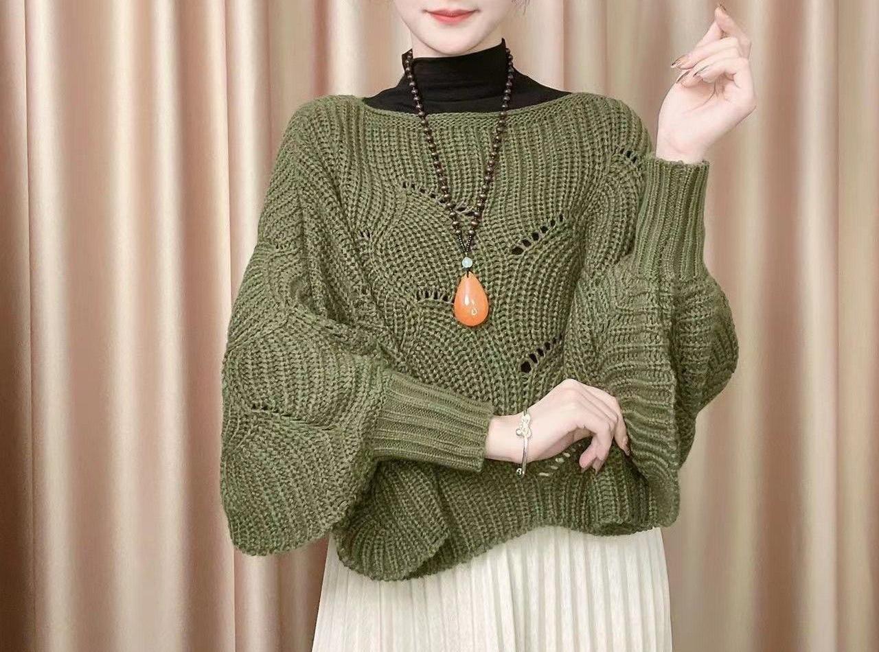 Damen Strickpullover Luftig Lochmuster Beige Eveloria