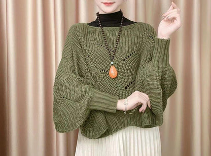 Damen Strickpullover Luftig Lochmuster Beige Eveloria