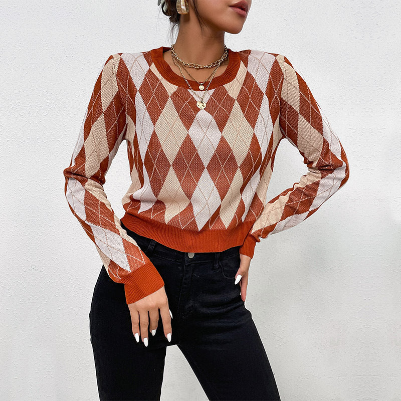 Damen Strickpullover Rautenmuster Lässiger Schnitt Eveloria - Eveloria