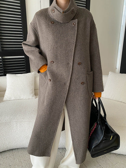 Damen Wollmantel Elegant Doppelter Knopfleiste Taillengürtel