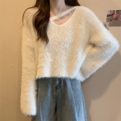 Damen Pullover Flauschig Lässiger Schnitt V-Ausschnitt Beige