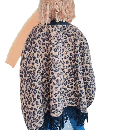 Damen Poncho Fransen Tierprint