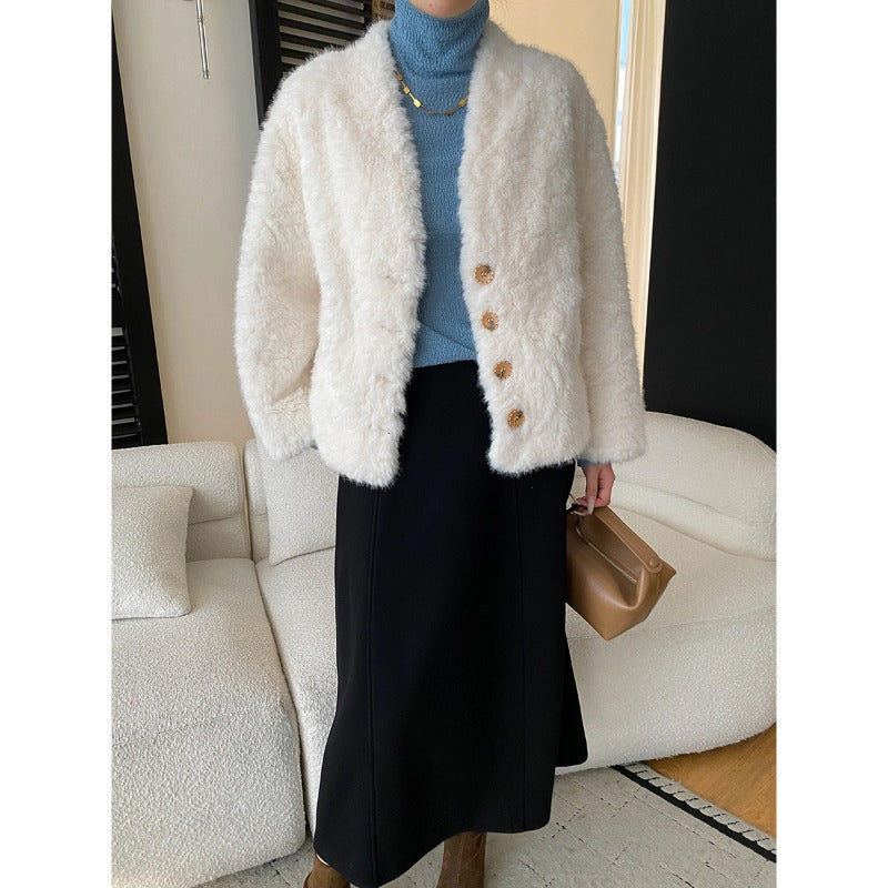 Damen Fleecejacke Knöpfe Gemütlich Beige Eveloria