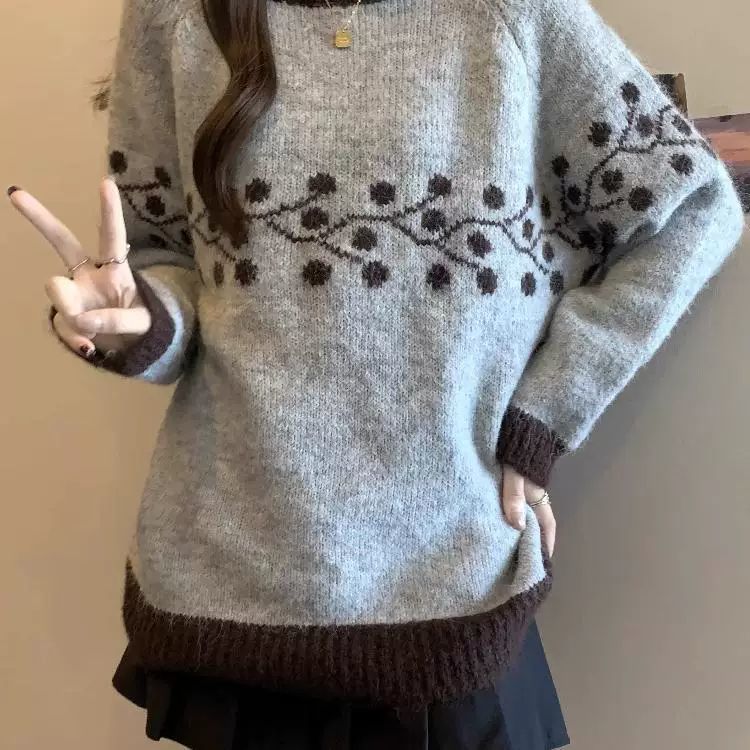 Damen Strickpullover Weich Floralmuster Kontrastspitzen