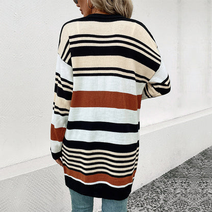 Damen Strickcardigan Weite Ärmel Streifen Muster Eveloria