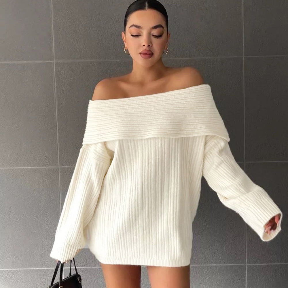 Damen Strickpullover Oversized Schulterfrei Rippstruktur Beige - Eveloria