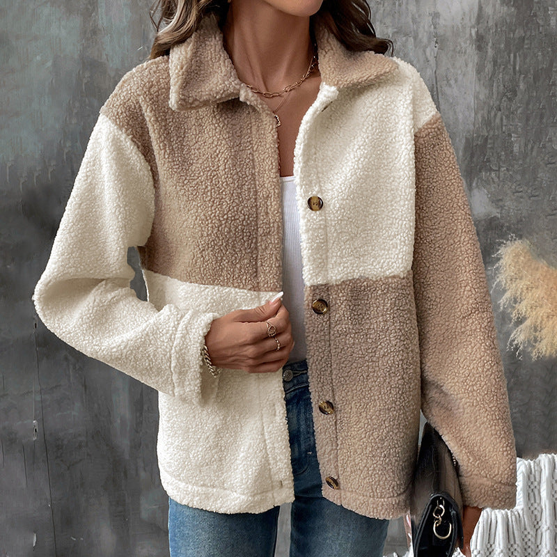 Damen Teddyjacke Nachhaltig Farbblockdetails Braun