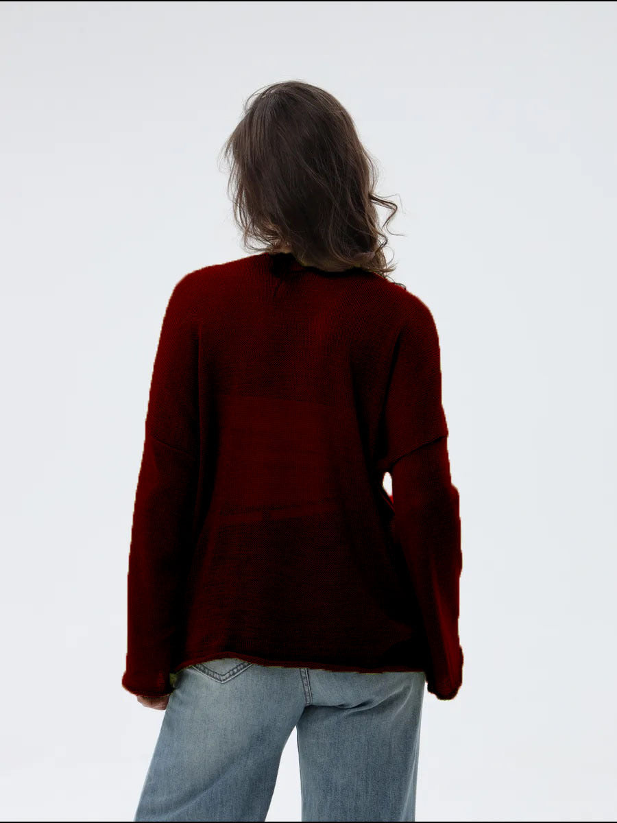 Damen Pullover Weite Ärmel Feines Lochstrickdesign Beige